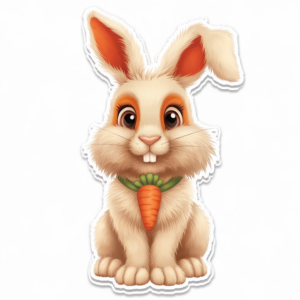 A 2D sticker of a fluffy bunny holding a carrot, featuring white and orange colors with cute, cuddly details on a white background.