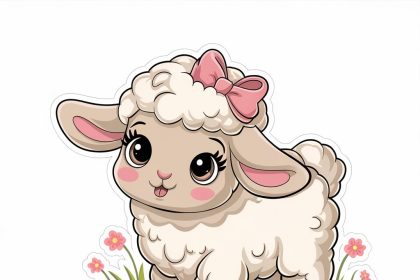 A fluffy lamb with a bow, featuring white colors and cute features in a serene 2D sticker design with a white background.