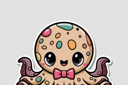 A 2D sticker of a fluffy octopus wearing a bow tie, with vibrant colors and a cute expression on a white background.