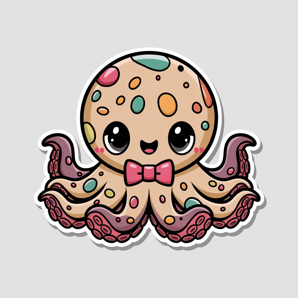 A 2D sticker of a fluffy octopus wearing a bow tie, with vibrant colors and a cute expression on a white background.