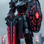 A disciplined robot with black and gray armor, glowing red runes, and a broadsword.