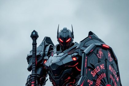 A disciplined robot with black and gray armor, glowing red runes, and a broadsword.