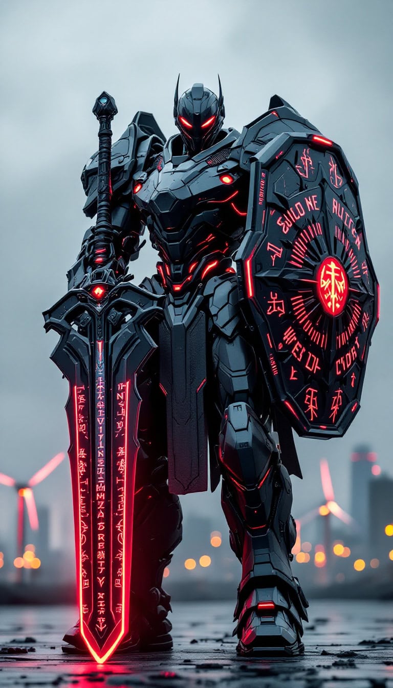 A disciplined robot with black and gray armor, glowing red runes, and a broadsword.