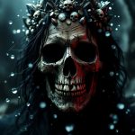 Surreal male figure with a wooden skull face, a crystalline crown, and a mystical gothic backdrop.