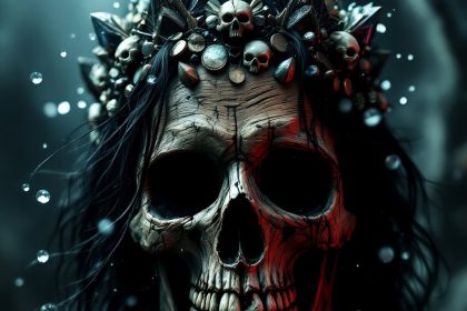 Surreal male figure with a wooden skull face, a crystalline crown, and a mystical gothic backdrop.