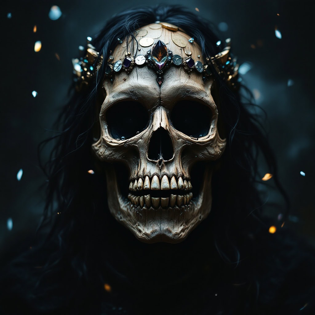 Surreal male figure with a wooden skull face, a crystalline crown, and a mystical gothic backdrop.