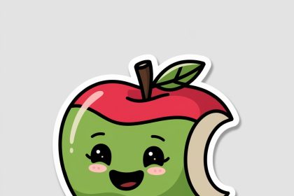 A 2D sticker of a happy apple with a smiling face, featuring red and green colors on a white background.