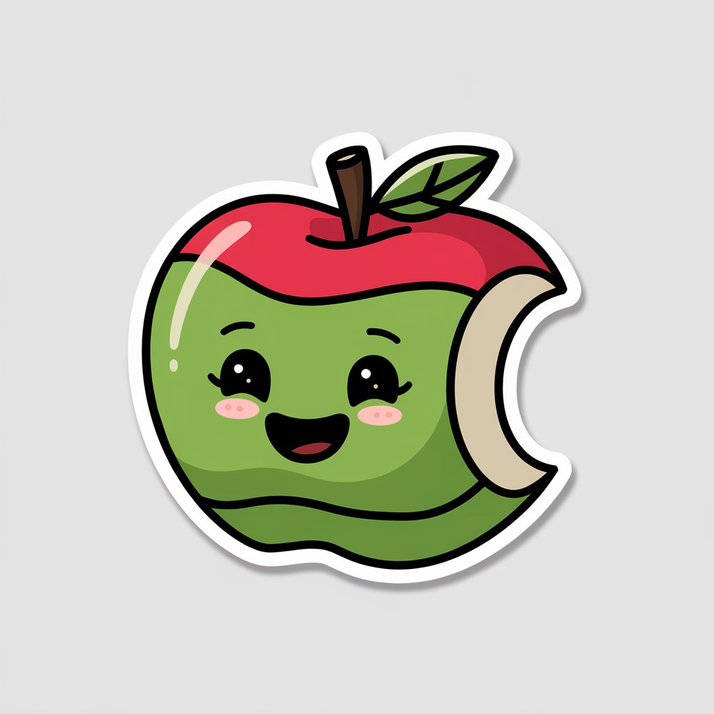 A 2D sticker of a happy apple with a smiling face, featuring red and green colors on a white background.