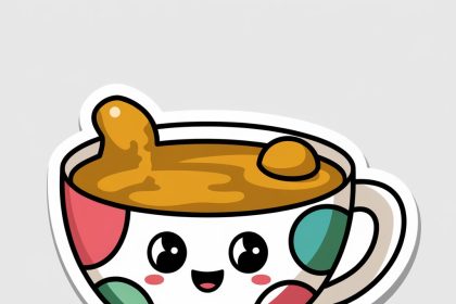 A cozy 2D sticker of a happy tea cup with a friendly face and vibrant colors, set against a white background.