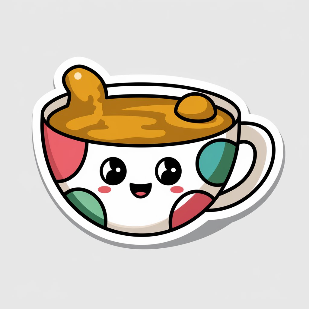 A cozy 2D sticker of a happy tea cup with a friendly face and vibrant colors, set against a white background.