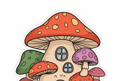 A colorful and enchanting 2D sticker of a happy mushroom house with a door and windows on a white background.