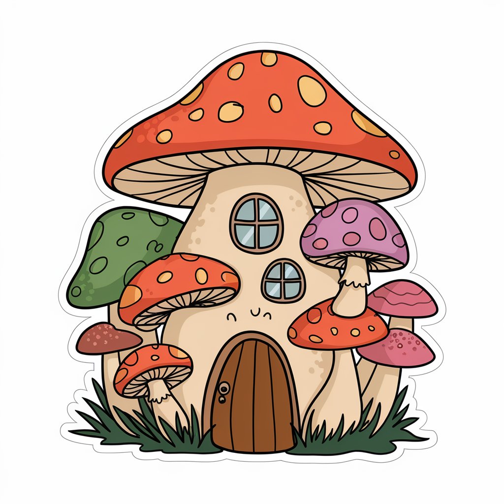 A colorful and enchanting 2D sticker of a happy mushroom house with a door and windows on a white background.