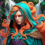 A captivating hooded figure with vibrant orange and turquoise flowing hair, gold cloak detailing, and a lush, green landscape with waterfalls and flowers.