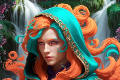 A captivating hooded figure with vibrant orange and turquoise flowing hair, gold cloak detailing, and a lush, green landscape with waterfalls and flowers.