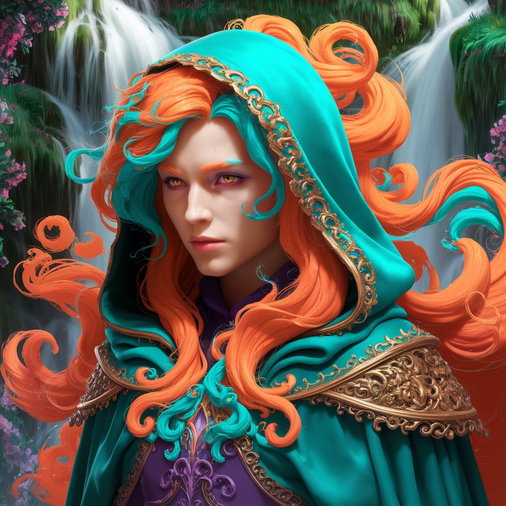 A captivating hooded figure with vibrant orange and turquoise flowing hair, gold cloak detailing, and a lush, green landscape with waterfalls and flowers.