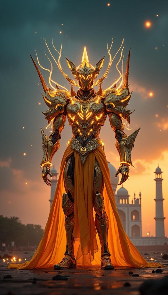 A radiant robot with gold and saffron armor, multiple arms, and a glowing Taj Mahal backdrop.