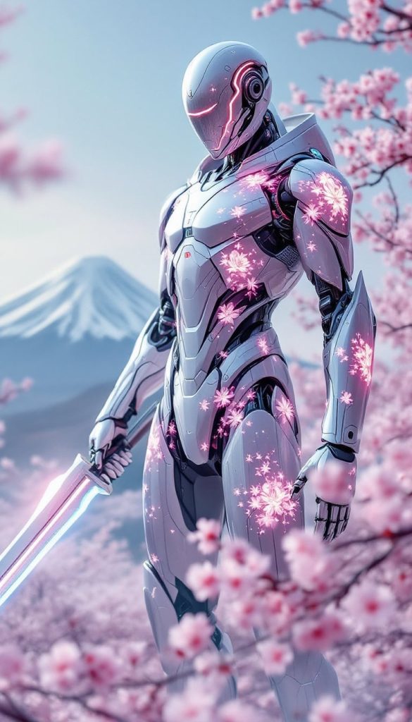 A sleek robot warrior inspired by Japanese samurai culture with a katana blade and cherry blossom patterns.