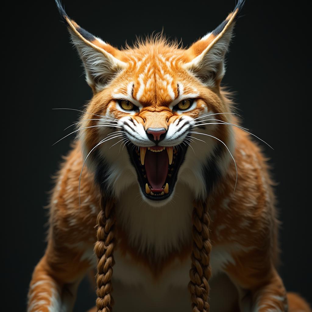 A majestic feline warrior with braided fur and a fierce expression in a dark fantasy setting.