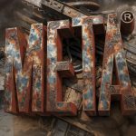 3D text rendering of "META®" in rusty metal calligraphy with textured details, set against a post-apocalyptic background featuring scrap metal and smoke.