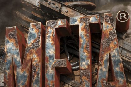 3D text rendering of "META®" in rusty metal calligraphy with textured details, set against a post-apocalyptic background featuring scrap metal and smoke.