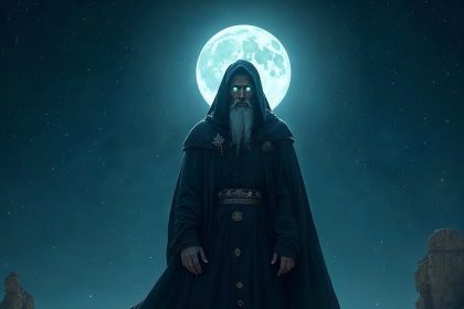 A mystical prophet standing under a vast starry night sky, with glowing eyes, intricate robes, and a full moon illuminating the desolate desert plateau.