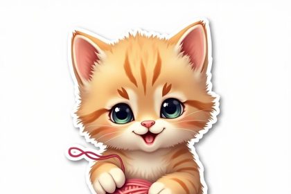 A playful kitten with a ball of yarn, featuring vibrant colors and cute details in a 2D sticker style with a white background.