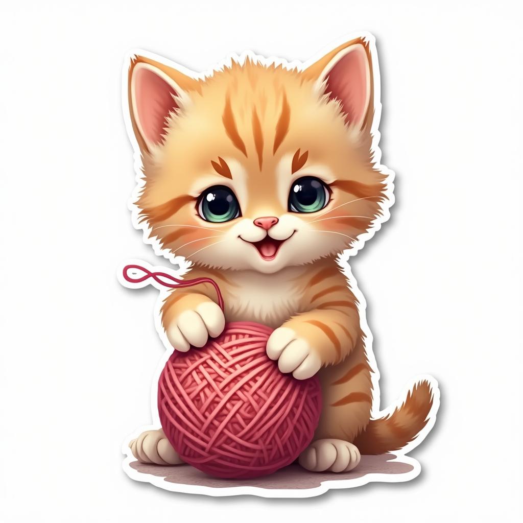 A playful kitten with a ball of yarn, featuring vibrant colors and cute details in a 2D sticker style with a white background.