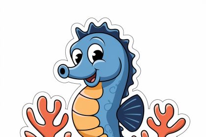 A playful 2D sticker featuring a blue seahorse with coral accents on a white background.