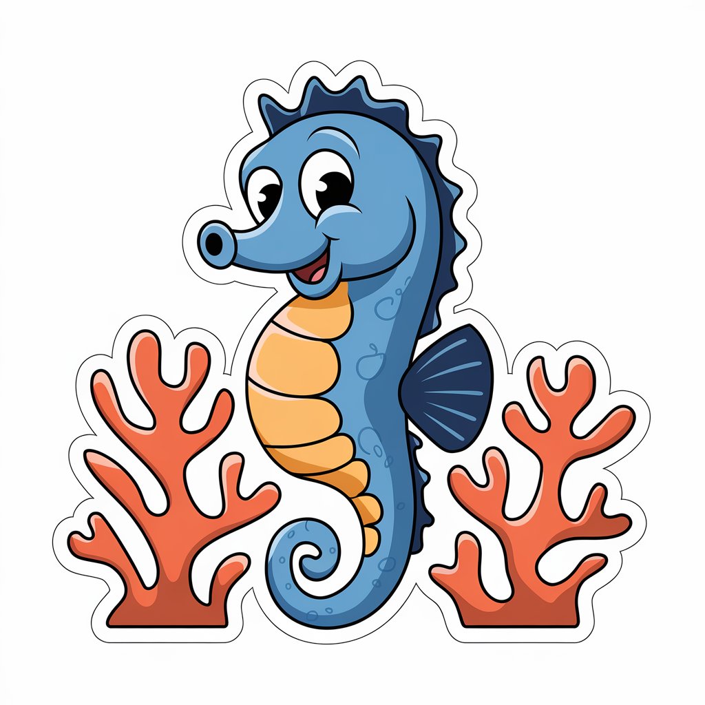 A playful 2D sticker featuring a blue seahorse with coral accents on a white background.