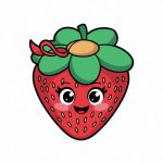 A playful strawberry 2D sticker wearing a flower hat with vibrant red and green colors on a white background.