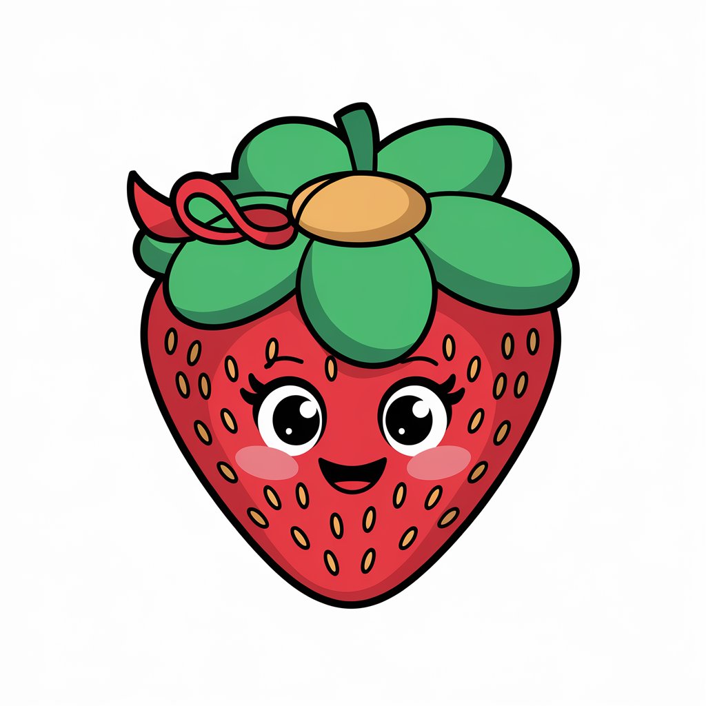 A playful strawberry 2D sticker wearing a flower hat with vibrant red and green colors on a white background.