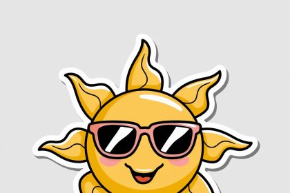 A 2D sticker of a playful sun wearing sunglasses with smiling rays on a white background.