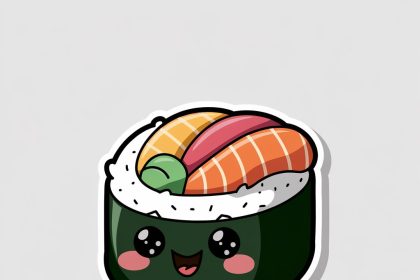 A playful 2D sticker of a sushi roll with a smiling face, designed in vibrant colors on a white background.