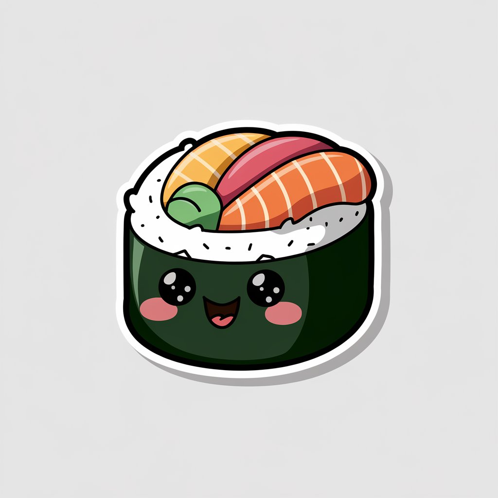 A playful 2D sticker of a sushi roll with a smiling face, designed in vibrant colors on a white background.