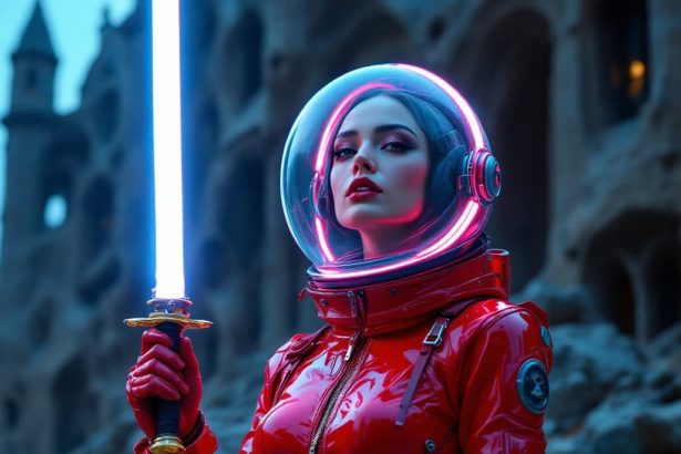 Retro-futuristic female wearing a red latex spacesuit, bubble helmet, and holding a glowing sword against a gothic backdrop.