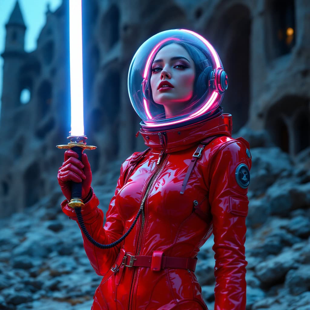 Retro-futuristic female wearing a red latex spacesuit, bubble helmet, and holding a glowing sword against a gothic backdrop.