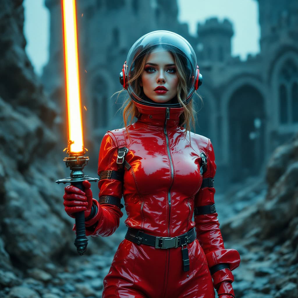 Retro-futuristic female wearing a red latex spacesuit, bubble helmet, and holding a glowing sword against a gothic backdrop.