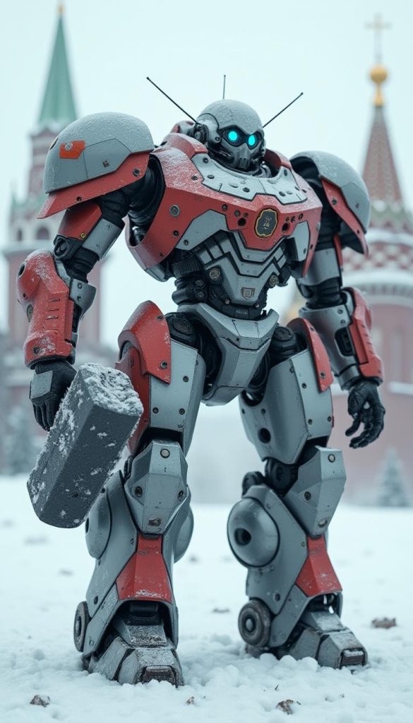 A robust robot with silver and red armor, glowing blue eyes, and a hammer weapon.