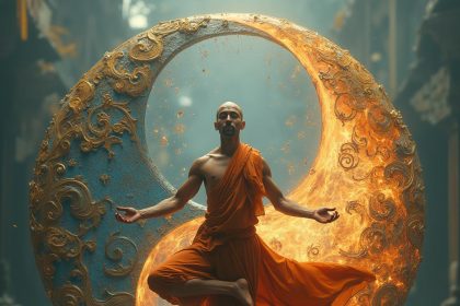 A serene monk balanced gracefully in a yoga pose, centered within an intricately designed yin-yang symbol.