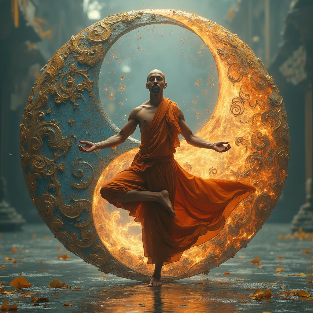 A serene monk balanced gracefully in a yoga pose, centered within an intricately designed yin-yang symbol.