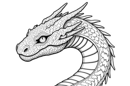 A hyper-realistic pencil drawing of a futuristic serpent with neon-like scales, crafted as a grayscale coloring book page.