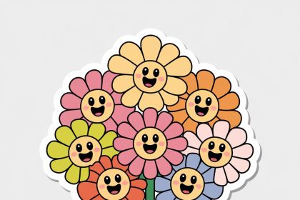 A 2D sticker featuring a smiling flower bouquet with colorful petals and cute expressions on a white background.