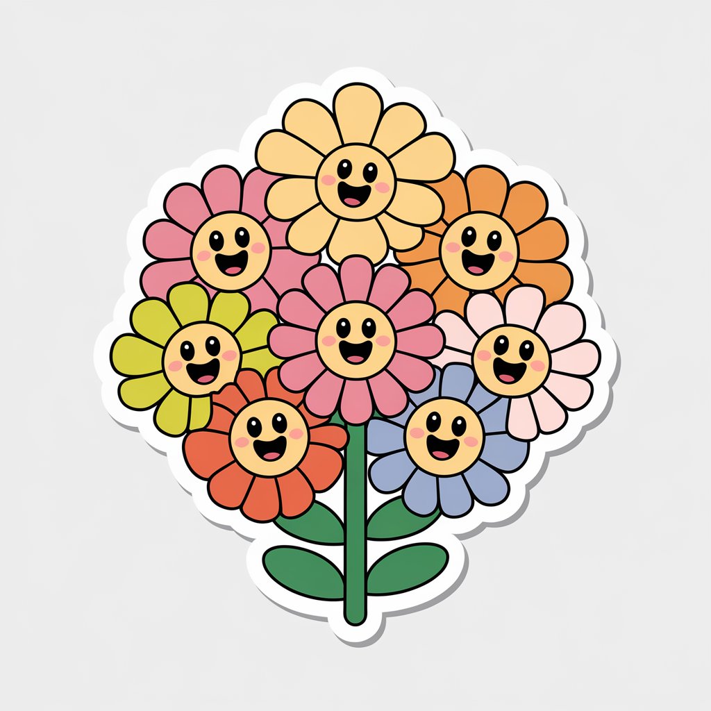 A 2D sticker featuring a smiling flower bouquet with colorful petals and cute expressions on a white background.