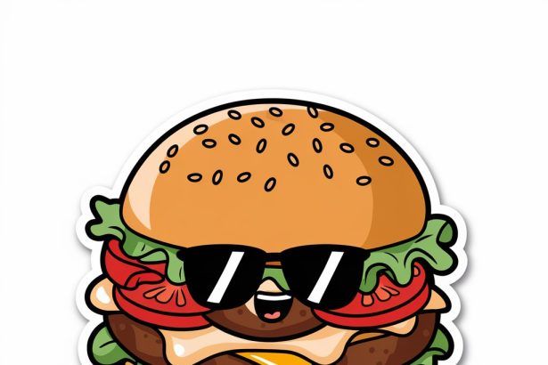 A 2D sticker of a smiling hamburger with cute toppings, designed with vibrant colors and adorable expressions on a white background.