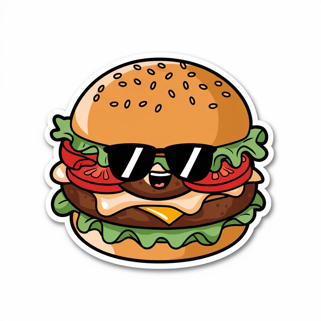 A 2D sticker of a smiling hamburger with cute toppings, designed with vibrant colors and adorable expressions on a white background.