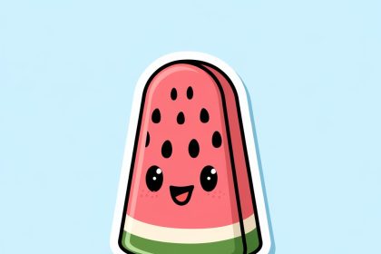 A 2D sticker of a smiling watermelon popsicle with pink and green colors, featuring a cute expression and a white background.