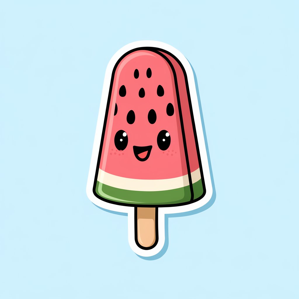 A 2D sticker of a smiling watermelon popsicle with pink and green colors, featuring a cute expression and a white background.