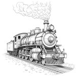 A pencil drawing of a steampunk locomotive with intricate details, designed for a grayscale coloring book page.