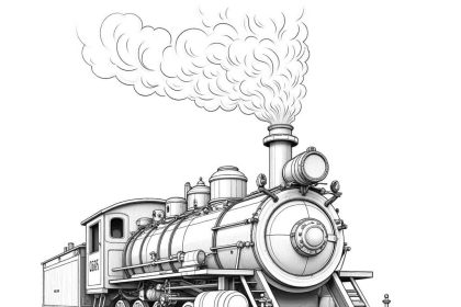 A pencil drawing of a steampunk locomotive with intricate details, designed for a grayscale coloring book page.