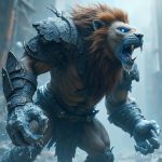 A terrifying hybrid creature of Sub-zero and a lion, with glowing icy eyes, armored body, and frost-crackling claw, roaring in a high-definition fantasy setting.